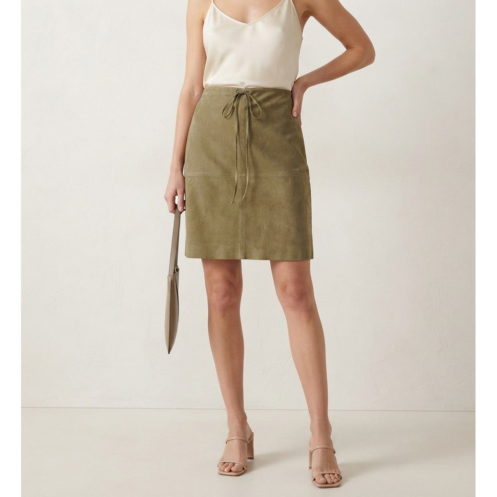 Max Studio Fawn Khaki Faux Suede Midi Skirt Size L Minimalist Neutral Feminine
